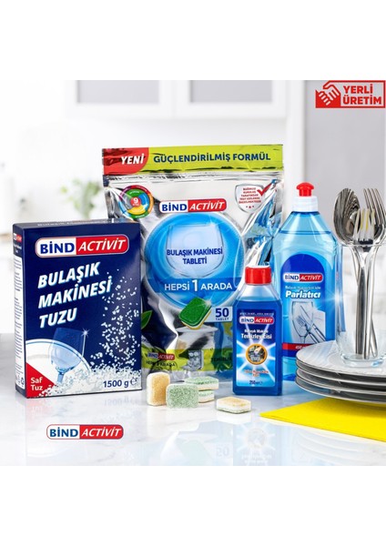 Bind Activit Bulaşık Makinesi Tableti 50 Li + Bulaşık Makinesi Tuzu 1500 gr + Bulaşık Makinesi Parlatıcısı 450 ml + Bulaşık Makinesi Temizleyicisi 250 ml