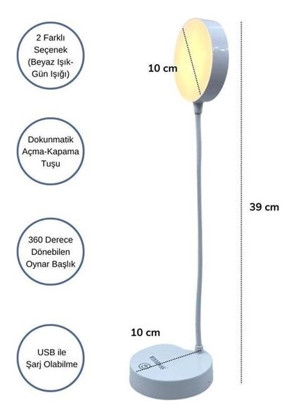 Petinka® Yuvarlak Usbli Dokunmatik 3 Kademeli 360 Derece Özel Göz Korumalı LED Lityum Masa Lambası