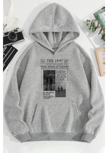 Gri The 1997 Baskılı Oversize Kapüşonlu Sweatshirt