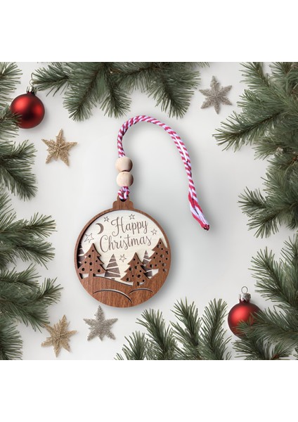 Happy Christmas Yazılı Iskandinav Tarzı Yılbaşı Ağacı Süsü: Ay, Yıldız ve Çam Ağacı Desenli Özel Tasarım Süs