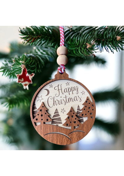 Happy Christmas Yazılı Iskandinav Tarzı Yılbaşı Ağacı Süsü: Ay, Yıldız ve Çam Ağacı Desenli Özel Tasarım Süs fiyatları