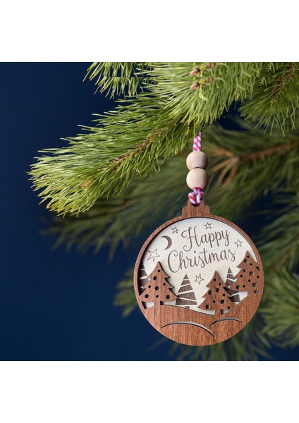 Happy Christmas Yazılı Iskandinav Tarzı Yılbaşı Ağacı Süsü: Ay, Yıldız ve Çam Ağacı Desenli Özel Tasarım Süs modelleri