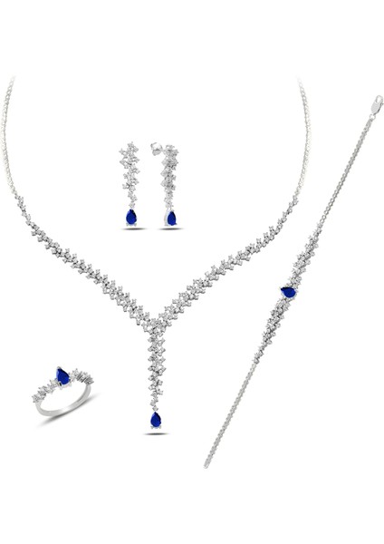 Kadın 925 Ayar Gümüş Damla Salkım Pırlanta Montör Su Yolu Düğün Set