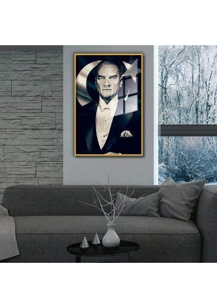Metal Çerçeveli Cam Tablo Ay Yıldızlı Atatürk Portresi