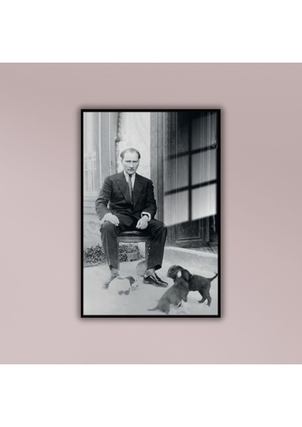 Metal Çerçeveli Cam Tablo Atatürk Ve Yavru Köpekler