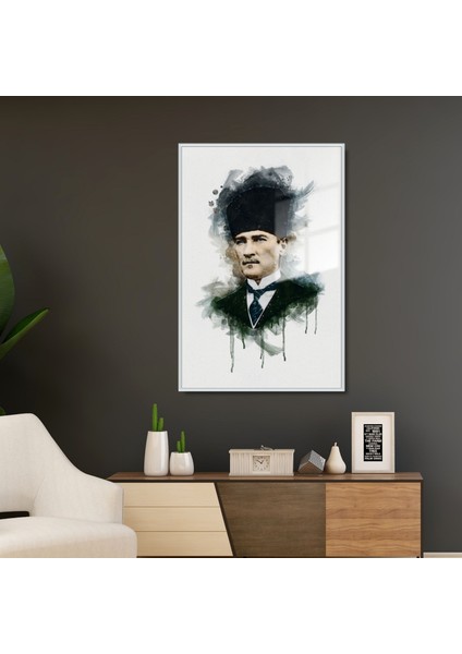 Metal Çerçeveli Cam Tablo Kalpaklı Atatürk Portresi