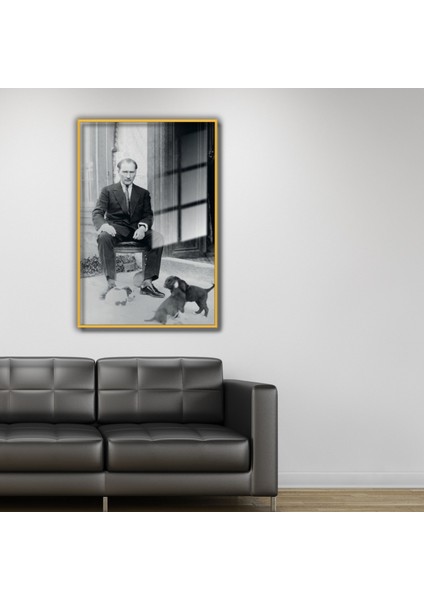 Metal Çerçeveli Cam Tablo Atatürk ve Yavru Köpekler