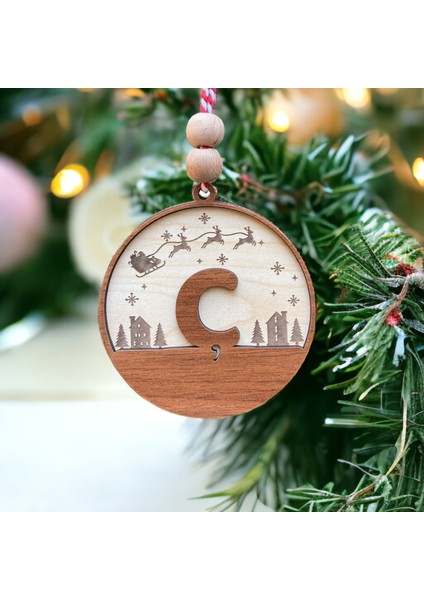 Iskandinav Tarzı Ç Harfi Yılbaşı Ağaç Süsü, Kişiselleştirilmiş Minimalist Noel Baba Desenli Çam Ağacı Süsü