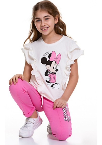 Turuncu Gardrop Kolları Volanlı Bluz ve Alt Karakter Kız Çocuk Takım Pembe