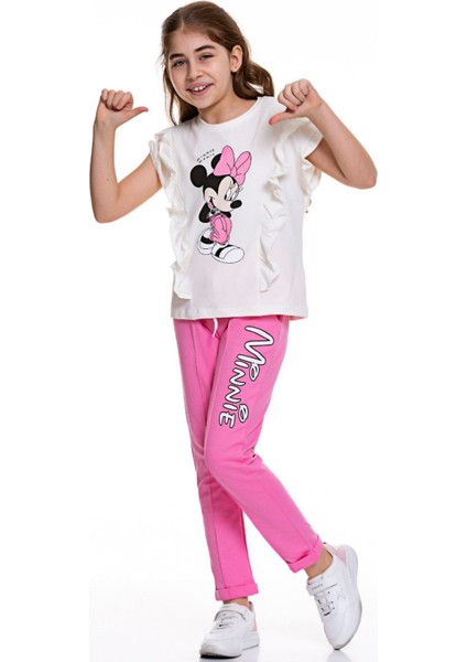 Turuncu Gardrop Kolları Volanlı Bluz ve Alt Karakter Kız Çocuk Takım Pembe