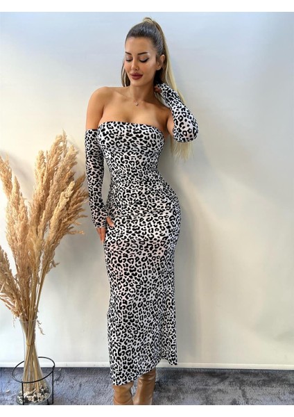 Beyaz Tül Üzeri Flog Baskılı Leopar Desenli Kolluklu Elbise