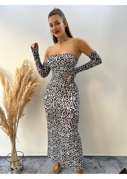 Beyaz Tül Üzeri Flog Baskılı Leopar Desenli Kolluklu Elbise fiyatları