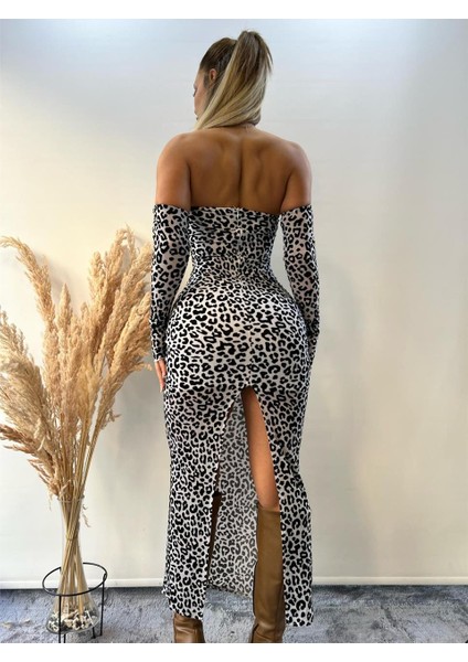 Beyaz Tül Üzeri Flog Baskılı Leopar Desenli Kolluklu Elbise modelleri