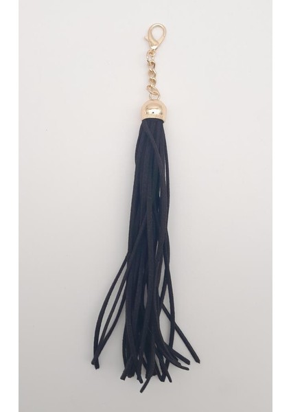 Süet Nubuk Deri Kovanlı Uzun Püskül Siyah Renk Light Gold Metalli