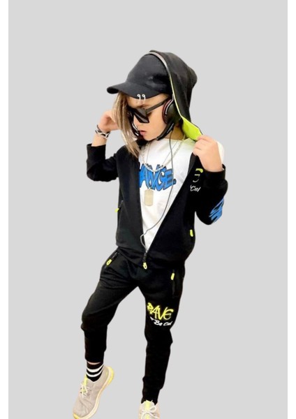 Turuncu Gardrop Rave Yazı Baskı Kapüşonlu 3lü Erkek Çocuk Takım