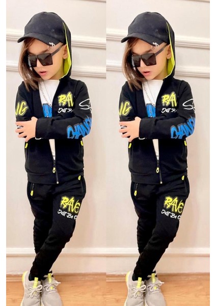 Turuncu Gardrop Rave Yazı Baskı Kapüşonlu 3lü Erkek Çocuk Takım fiyatları