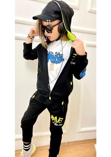 Turuncu Gardrop Rave Yazı Baskı Kapüşonlu 3lü Erkek Çocuk Takım modelleri