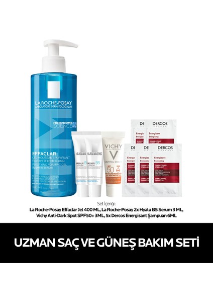 Uzman Saç ve Güneş Bakım Seti: Effaclar Jel 400 ml&Hyalu B5 Serum&Vichy Güneş Kremi& Dercos Şampuan