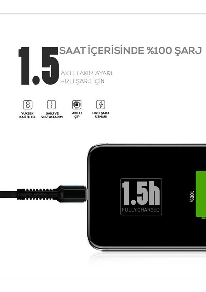 Keten Örgülü Lightning USB Şarj Kablosu (Hızlı Şarj Destekli)-1 mt