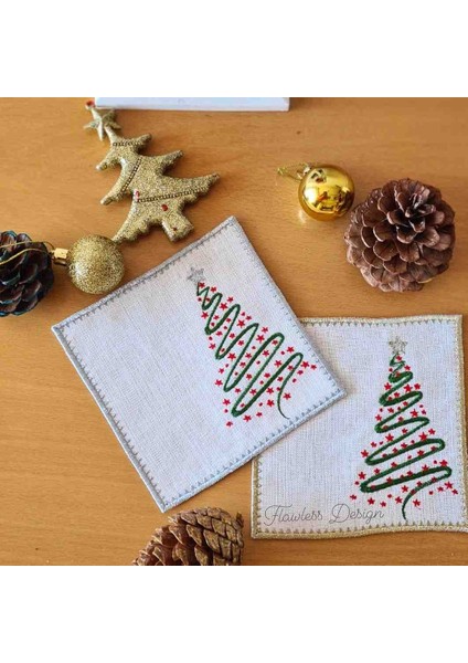 2'li Yılbaşı Ağaç Işlemeli Kokteyl Peçetesi