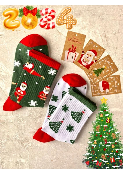 Sky Socks 2'li Yılbaşı Ağaç Noel Baba Christmas Desenli Hediyelik Kartlı Set  Pamuklu Tenis Kolej Çorap