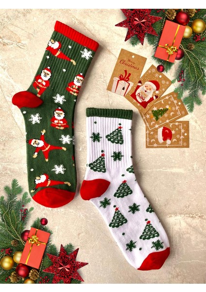 Sky Socks 2'li Yılbaşı Ağaç Noel Baba Christmas Desenli Hediyelik Kartlı Set  Pamuklu Tenis Kolej Çorap