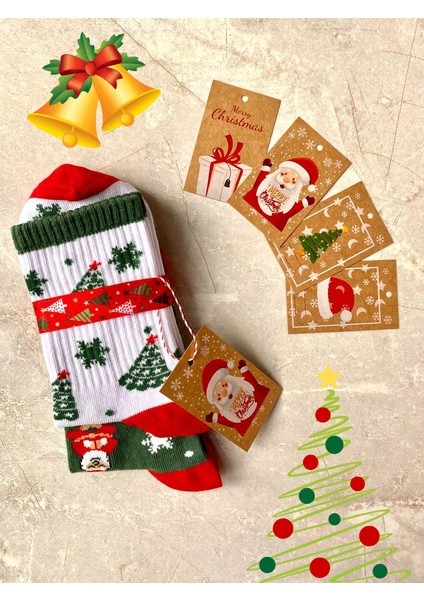 Sky Socks 2'li Yılbaşı Ağaç Noel Baba Christmas Desenli Hediyelik Kartlı Set  Pamuklu Tenis Kolej Çorap