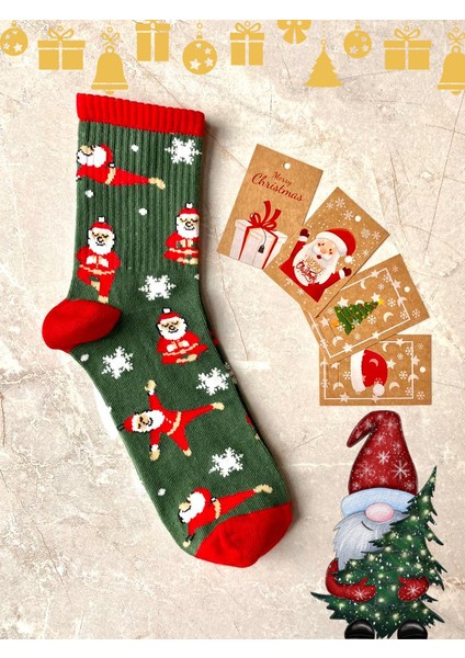 Sky Socks 2'li Yılbaşı Ağaç Noel Baba Christmas Desenli Hediyelik Kartlı Set  Pamuklu Tenis Kolej Çorap