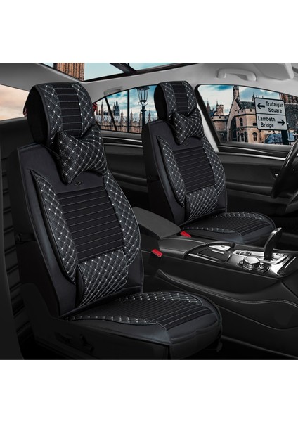 ford Focus 4 Uyumlu Ön Arka 5 Li Set Yarı Deri London Serisi Oto Koltuk Kılıfı Siyah Beyaz Renk