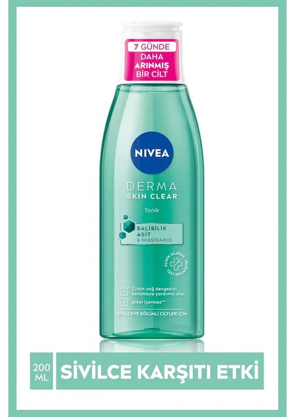 NIVEA Derma Skin Clear Niasinamid ve Salisilik Asit (BHA) İçeren Sivilce Karşıtı Yüz Temizleme Tonik 200ml, Karma ve Yağlı Ciltler