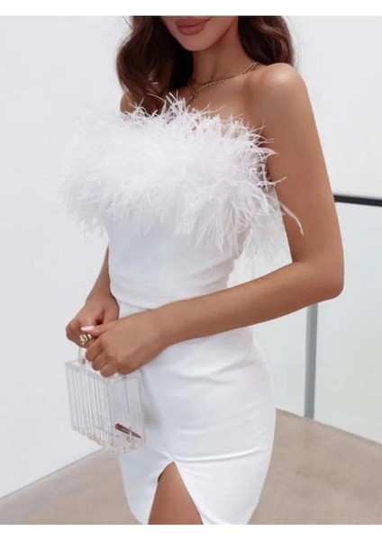 Beyaz Malibu Tüy Det.Strap.Mini Yırtmaçlı Elbise fiyatları