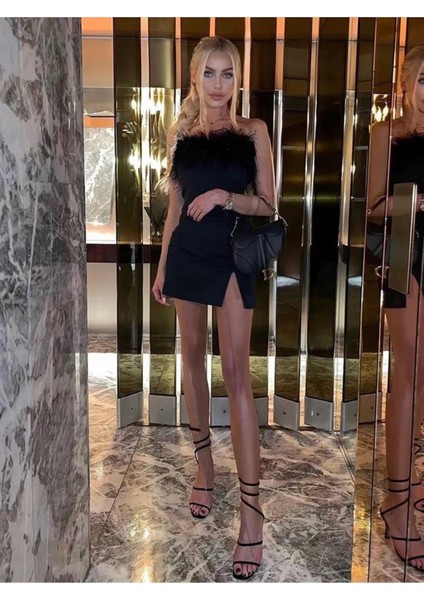 Siyah Malibu Tüy Det.strap.mini Yırtmaçlı Elbise fiyatları