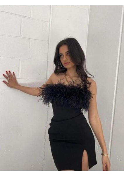 Siyah Malibu Tüy Det.strap.mini Yırtmaçlı Elbise modelleri