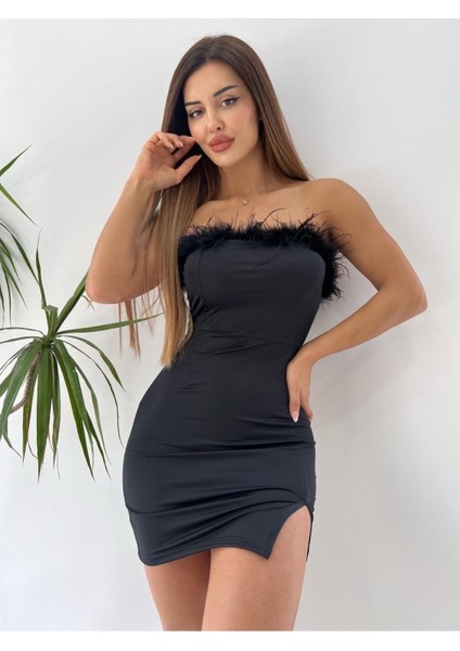 Siyah Malibu Tüy Det.strap.mini Yırtmaçlı Elbise indirimleri