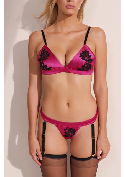 Çıkartılabilir Jartiyerli Saten Kumaş Dantel Aplikeli Pembe Sütyen Takım MEAW24JT0012 fırsatları