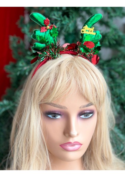 Ithal Lüks Yılbaşı Merry Christmas Yazılı Zilli Pullu Süslü Parlak Metalik Geyik Boynuzlu Taç Parti Tacı Yeşil