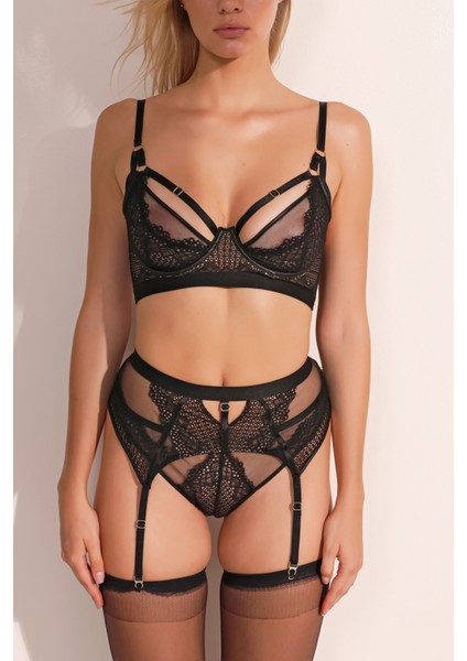 Ten Rengi Astarlı Siyah Jartiyerli Sütyen Takım MEAW24JT0011 fırsatları