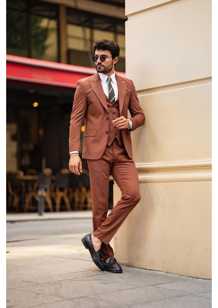 Balkan Slim Fit Kahve Takım Elbise