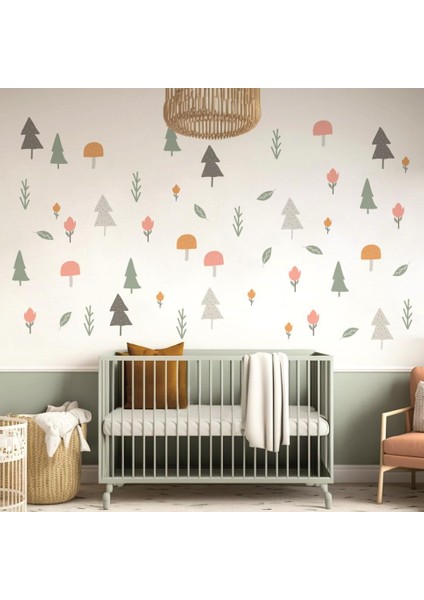 Minimalist Orman Ağaçları Soft Ağaç, Çiçek, Mantar, Yapraklar, Botanik Duvar Sticker