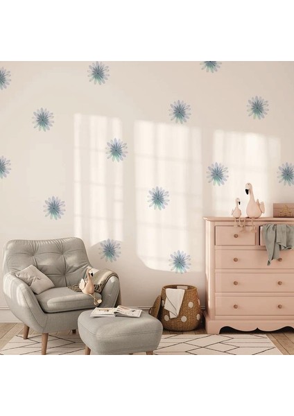 Soft Papatya Bohem Vintage Mavi Çiçek Soft Pastel Boho Tarzı Suluboya Çiçek Duvar Dekorasyon Etiket