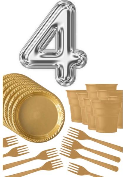 Gold Tabak - Gold Bardak - Gold Çatal Gümüş Folyo Balon Rakam 4 Yaş