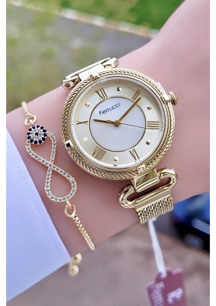 Kadın Kol Saati 34 mm Altın Renkli Çelik Kordon 3 ATM Yuvarlak Kasa