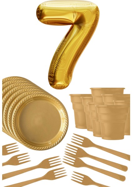 Gold Tabak - Gold Bardak - Gold Çatal Gold Rakam Folyo Balon 7 Yaş Altın Sarısı