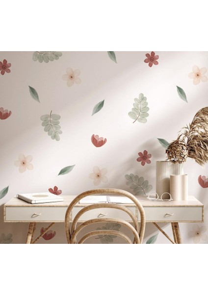 Botanik Pastel Vintage Boho Çiçekli Duvar Dekorasyonu, Boho Tarzı Pastel Çiçekli Duvar Sticker