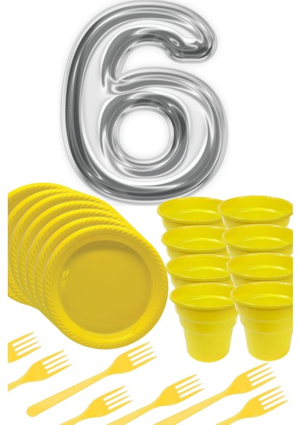 Sarı Tabak - Sarı Bardak - Sarı Çatal Gümüş Folyo Balon Rakam 6 Yaş