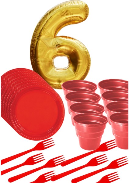8 Tabak 8 Bardak 8 Çatal ( Kırmızı ) Rakam Folyo Balon 6 Yaş ( Gold Altın Sarısı )