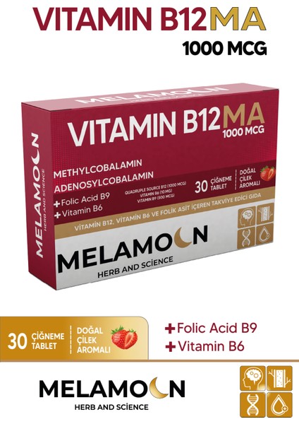 Vitamin B12, Vitamin B6 ve Folik Asit Içeren Takviye Edici Gıda. 1000MCG Vitamin B12