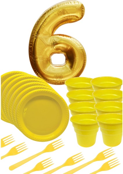 Sarı Tabak - Sarı Bardak - Sarı Çatal Gold Folyo Balon Rakam 6 Yaş