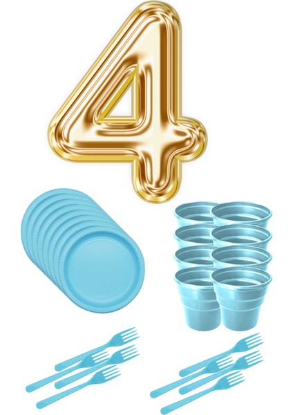 8 Tabak 8 Bardak 8 Çatal ( Mavi ) Rakam Folyo Balon 4 Yaş ( Gold )