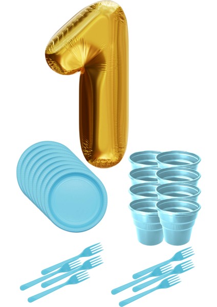8 Tabak 8 Bardak 8 Çatal ( Mavi ) Rakam Folyo Balon 1 Yaş ( Gold )